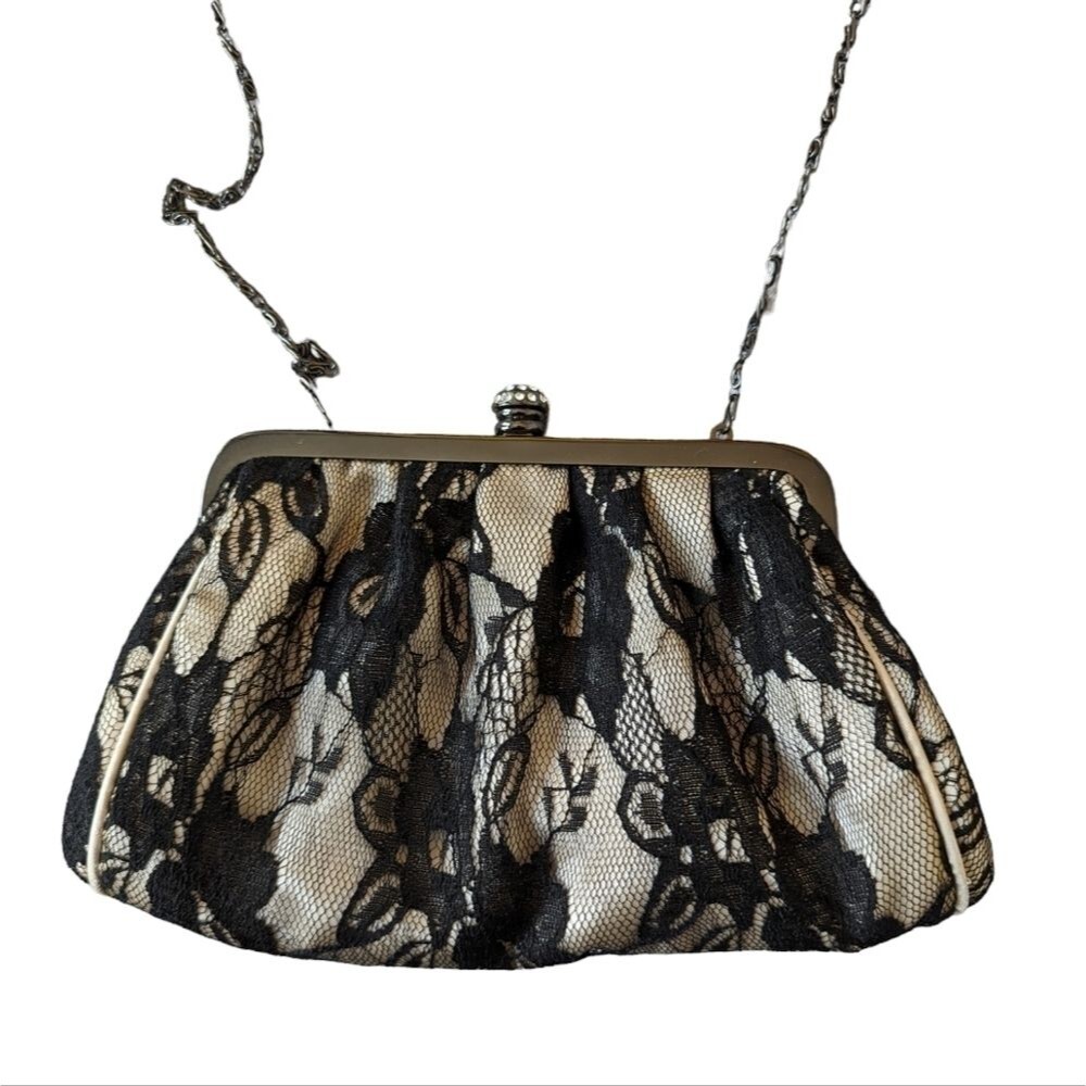 Jessica McClintock cream and black lace clutch
